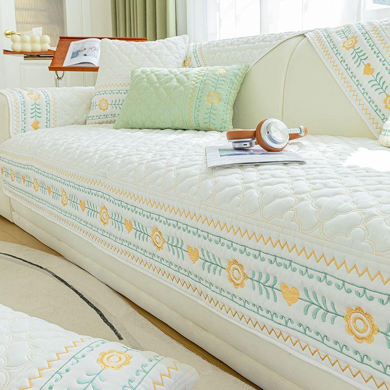 Broderi Sofatrekk 100% Bomull Stuesofa Pute Sklisikker Ensfarget Stoff Universalt Putetrekk Sofatrekk