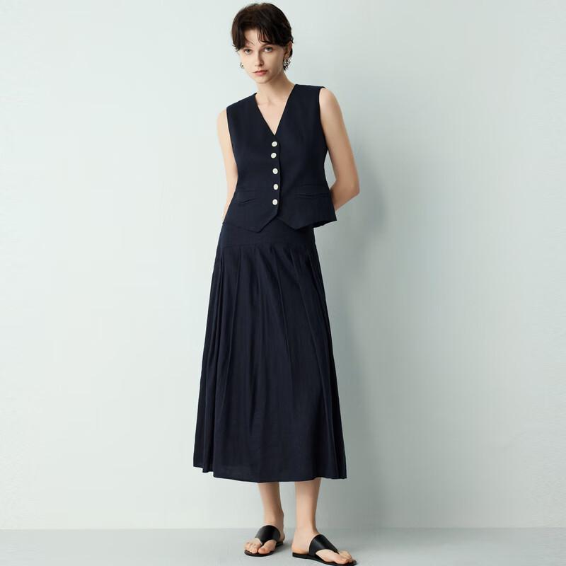 Sancai High-Waist Linen Blend Pleated Midi Skirt L