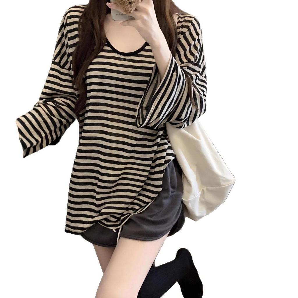 Women's Striped U-Neck Sun Protection Long Sleeve Oversized Cover-Up T-Shirt