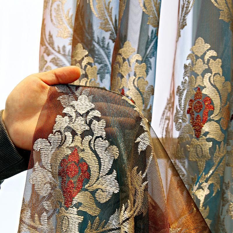 L Luksusowe tłoczone aksamitne zasłony z akcentami koralikowymi - kieszeń na drążek do łatwego wieszania, oddychające i przepuszczające światło zasłony do salonu