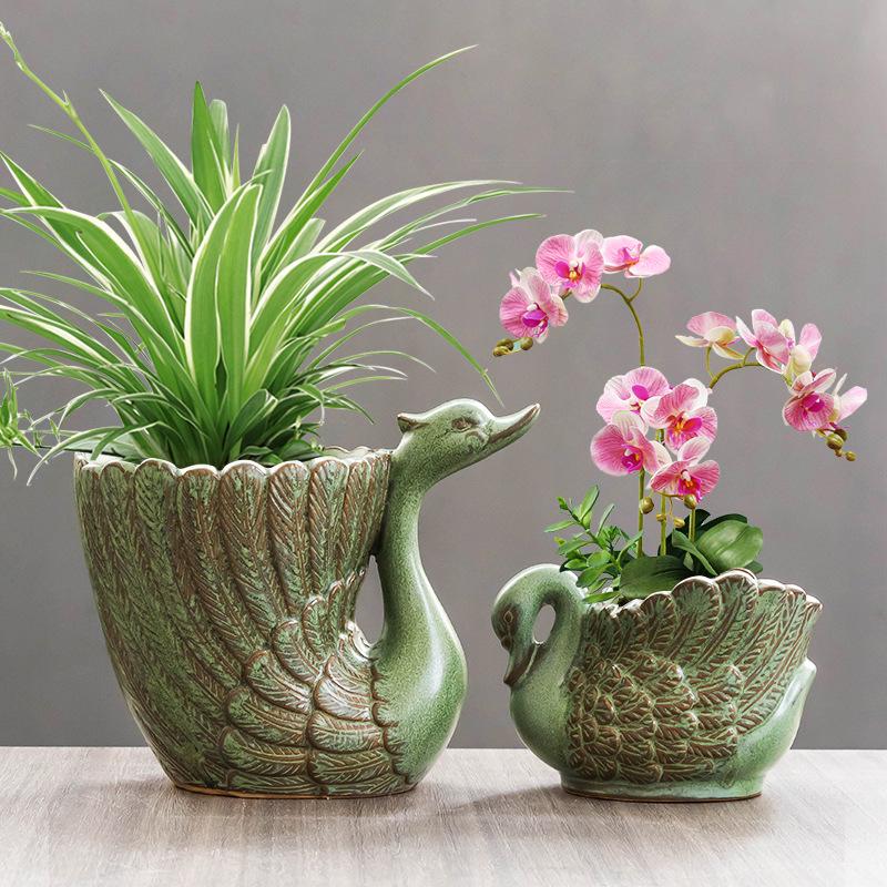 Vintage Green Swan Ceramic Flower Pot with Tray - Breathable Pottery for Orchids and Succulents