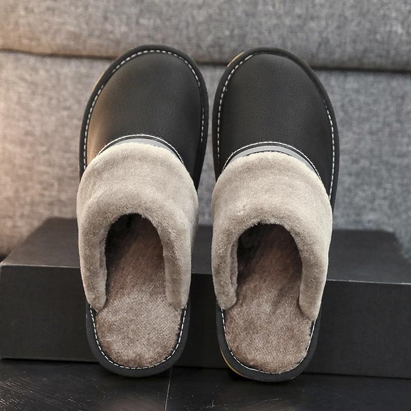 

Fashion Men s Cotton Slippers Waterproof Non-slip Warm Winter Slippers Home Baotou Bedroom Non-slip Leather Slippers 30(fit 45-46) чёрный