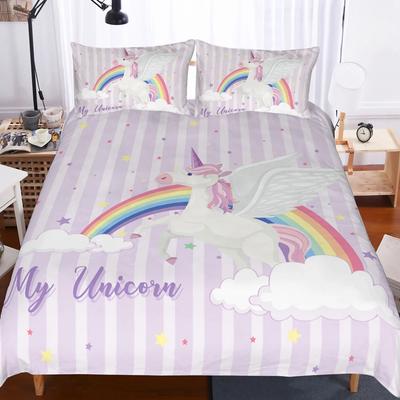 Juego de Ropa de Cama Individual Doble Twin Queen King Size Sábanas Fundas Nórdicas Impresas en 3D de Unicornio de Dibujos Animados Voladores Con Tiras para Funda de Almohada