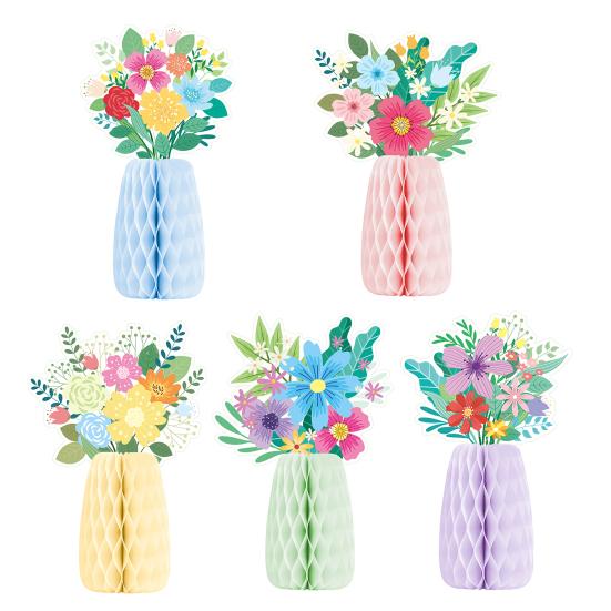 Wildflower Honeycomb Table Centerpiece 3D Floral Paper Vase with Bouquet Print Card for Spring Wedding Birthday Party Supplies