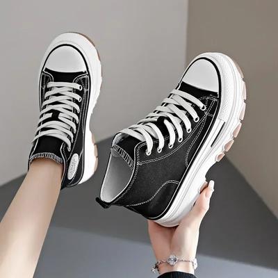 Fashion Lace-up Mixed Colors Fashionable Canvas Shoes Sewing Mid Heel Women's Shoes On Sale 2024 New Autumn Women's Vulcanize Shoes