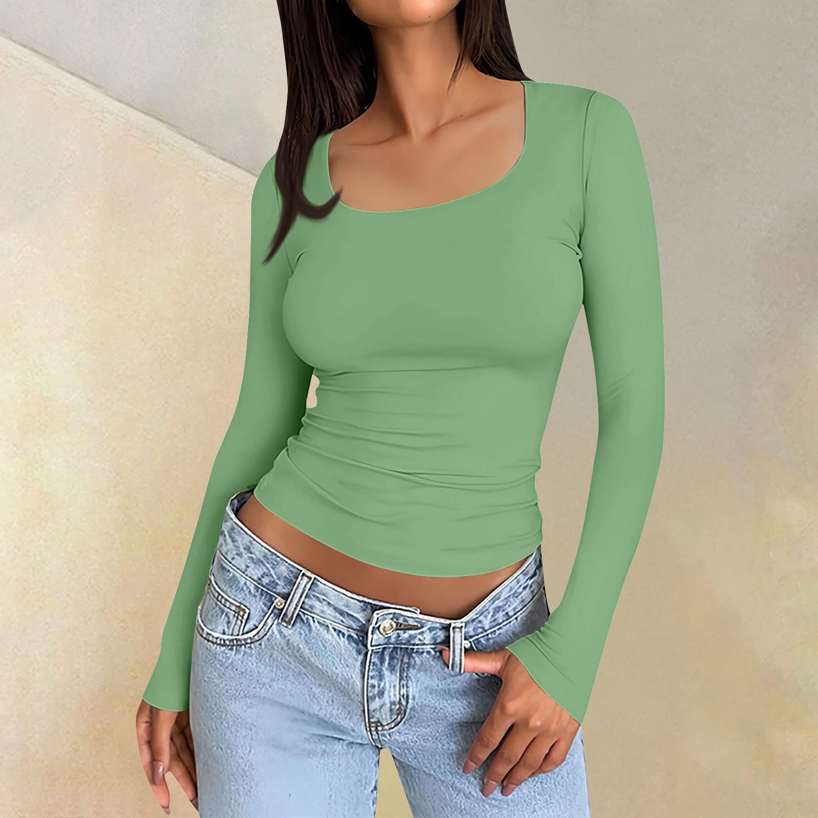 

Женская повседневная модная однотонная футболка с длинным рукавом и квадратным вырезом, топ, пуловер XS