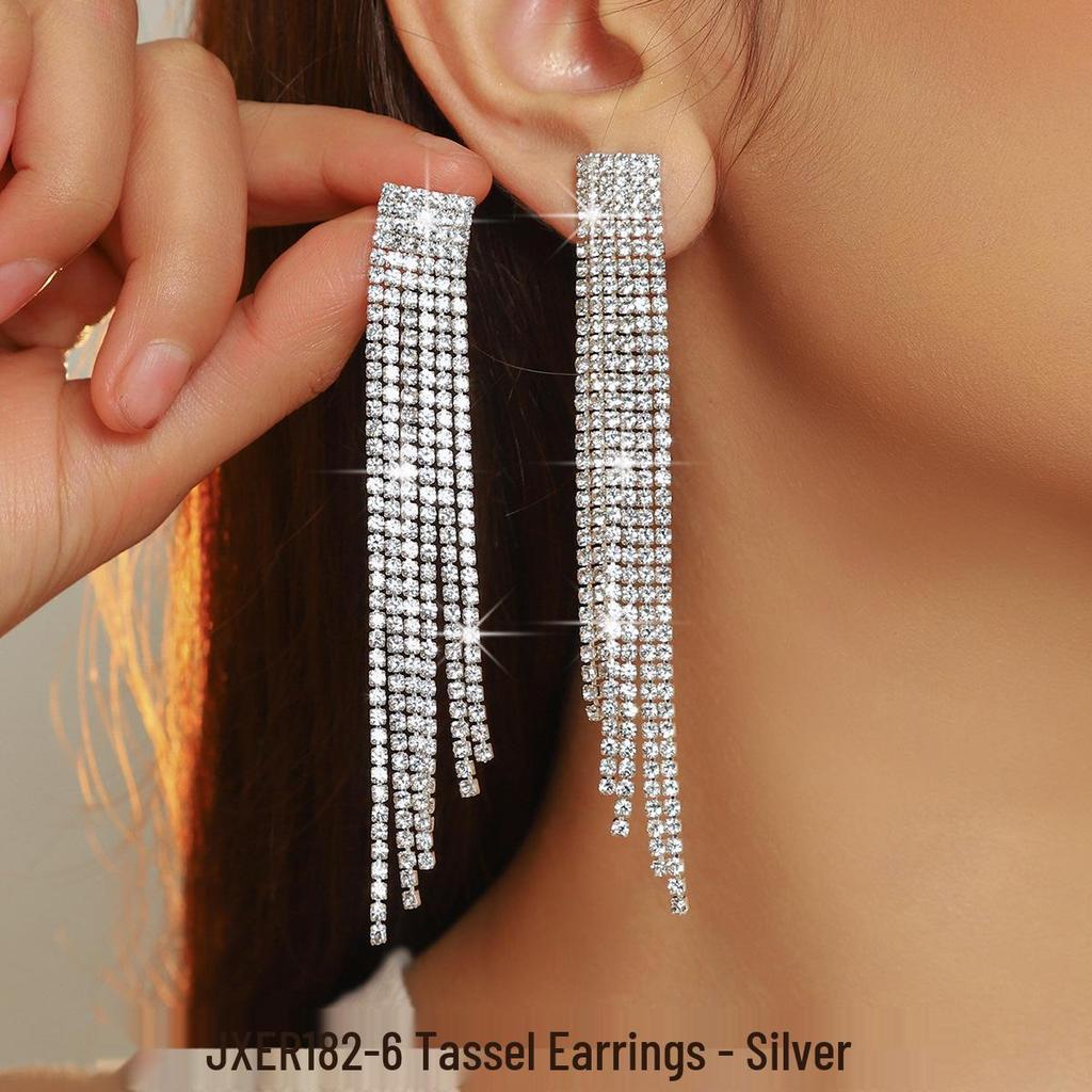 Elegant Black Long Tassel Rhinestone Earrings with Inlaid Diamonds