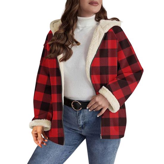 Women's Sherpa Plaid Shacket Long Sleeve Fleece Lined Jacket Oversized Warm Zip Up Hooded Coat Winter Outerwear