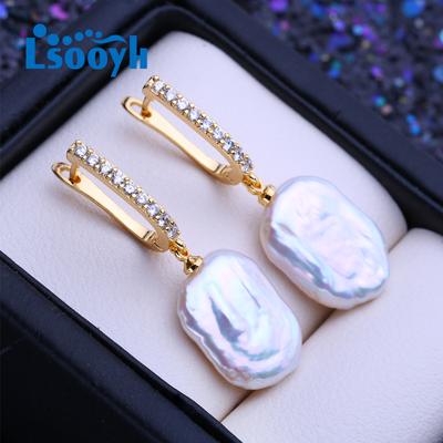 LSOOYH Natürliche Süßwasser Weiße Große Barocke Perle Ohrringe Für Frauen Mode Zuchtperlen Gold Farbe Lange Ohrringe