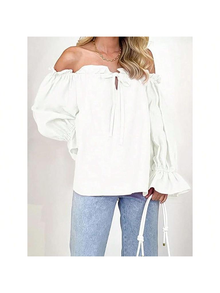 Damen Schulterfrei Bluse Langarm Rüschen Tunika Top Elegant Lässig