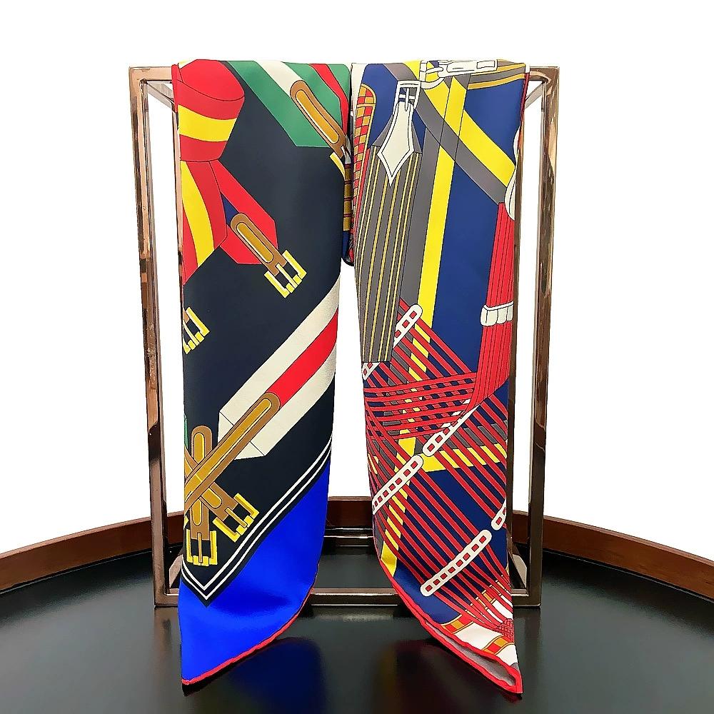 90cm Twill Silk Scarf For Ladies Manual Hand Rolled Square Belt Chain Scarves Luxury Women Echarpes Foulards Wrap Bandana Hijab