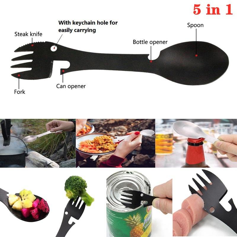 5 In 1 Multitool Stainless Steel Fork Spork Spoon Cutlery Flatware Utensil Portable Camp Multi Tool Bottle Opener Can Opener