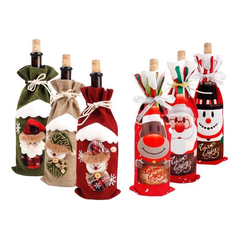 Charming Red Wine Bottle Cover Bags With Santa Claus And Snowman For Holiday Cheer