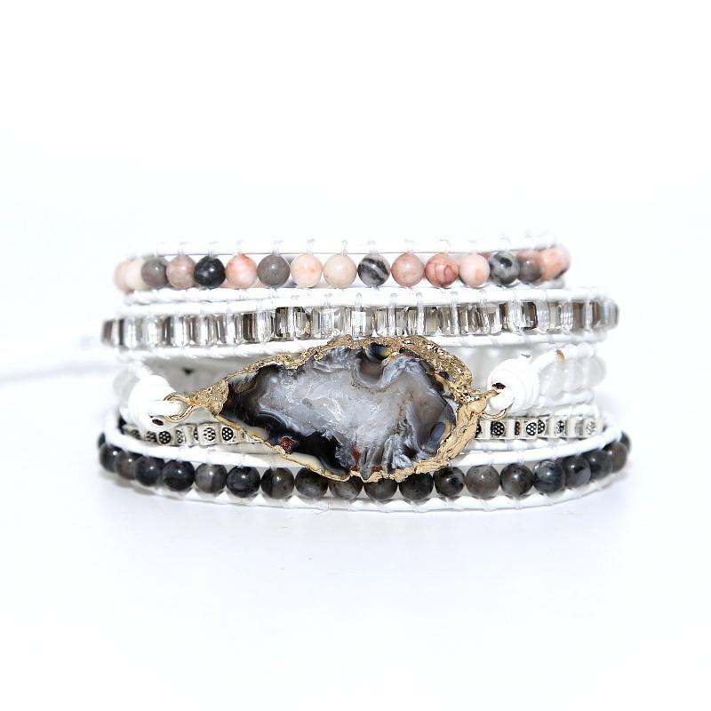 1Pc Boho Leather Bracelet for Women Unique Mixed Natural Amethyst Turquoise Agate Stones 5 Strands Wrap Handmade Jewelry Gift