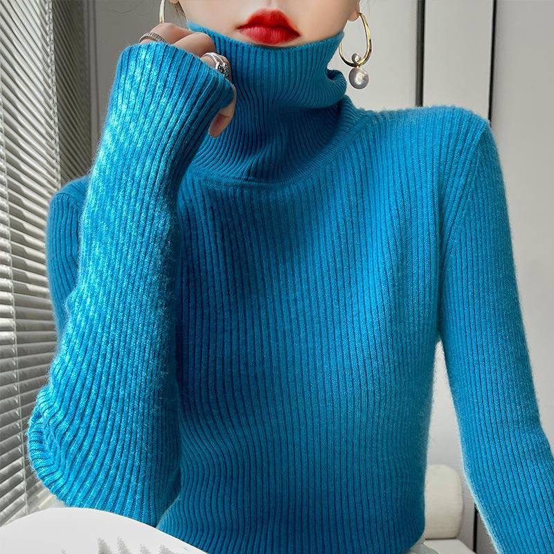 Women's Autumn Winter High Neck Pile Collar Ribbed Knit Slim-Fit Inner Base Layer Sweater