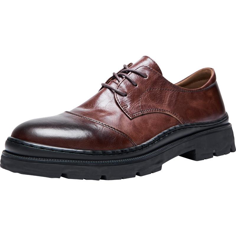 Leather Cowhide Shoes Men'S Business Casual Breathable Thick Sole Heightening Derby Shoes British Dress Wedding Suit Men'S Shoes
