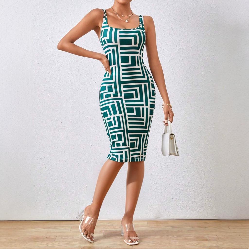 European and American spring and summer new retro slim pattern sleeveless temperament elegant dress