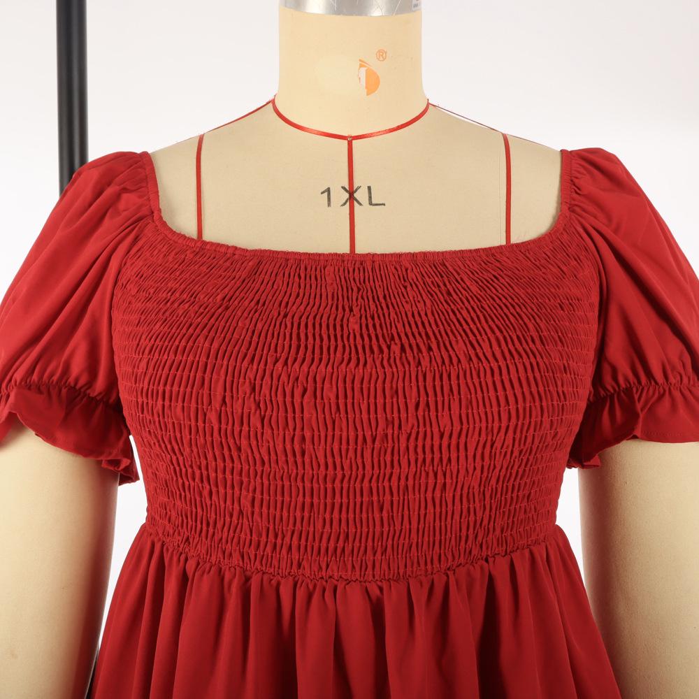 Plus Size Solid Color Casual Square Neck Vacation Dress with Smocked Puff Sleeves