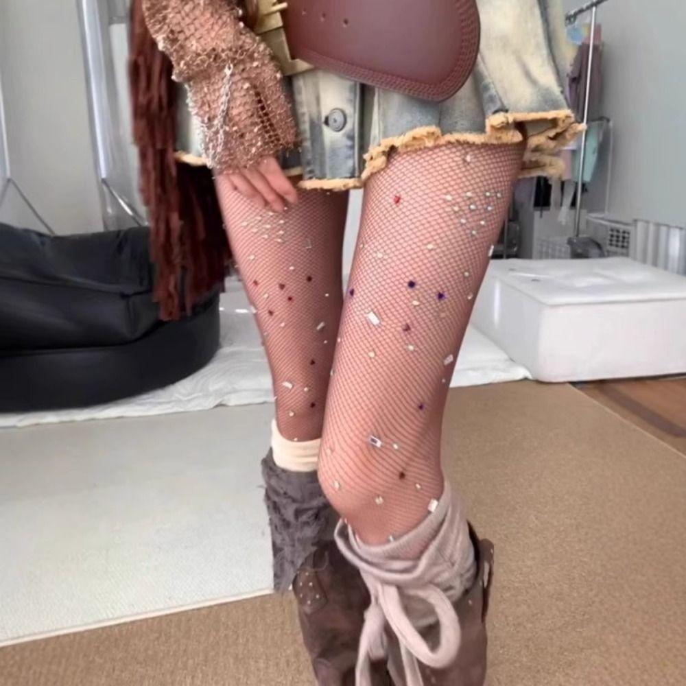 Irregular Rhinestones Colorful Fishnet Stockings Y2k Footed Stockings  Forr Girl Women