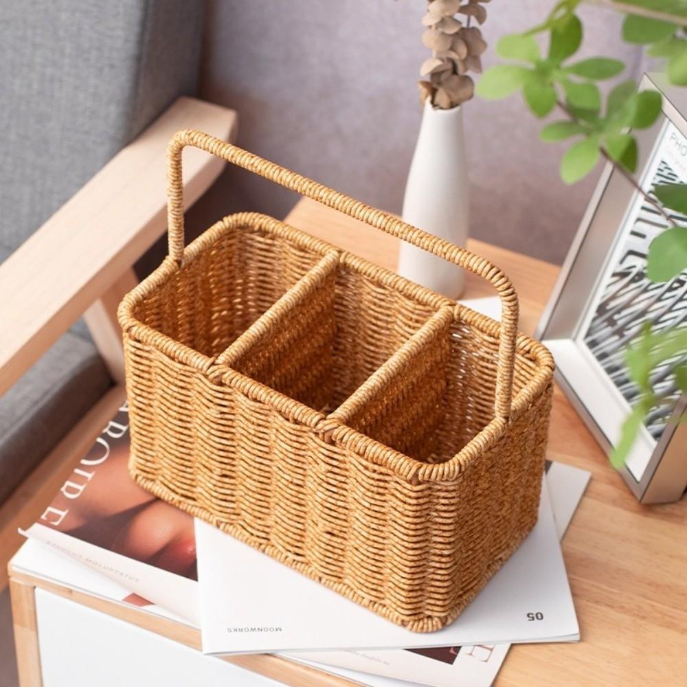 Large Capacity Woven Basket Space Saving Easy Clean Storage Tray with Handle Woven Weaving Utensil Organizer Basket