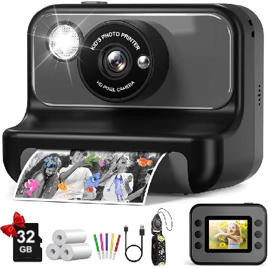 Kids Camera Instant Print, Christmas Birthday Gifts for Girls and Boys, 1080P HD Video Digital Kids Camera with 32G Card, Toddler Camera for 3-12