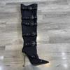 Fashion New Women Denim Metal Rivet Buckle Sandals Women Sexy Punk Style Pointed Hollow Metal 11cm High Heel Knee High Boots Size34-43