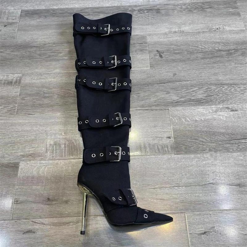 Fashion New Women Denim Metal Rivet Buckle Sandals Women Sexy Punk Style Pointed Hollow Metal 11cm High Heel Knee High Boots Size34-43