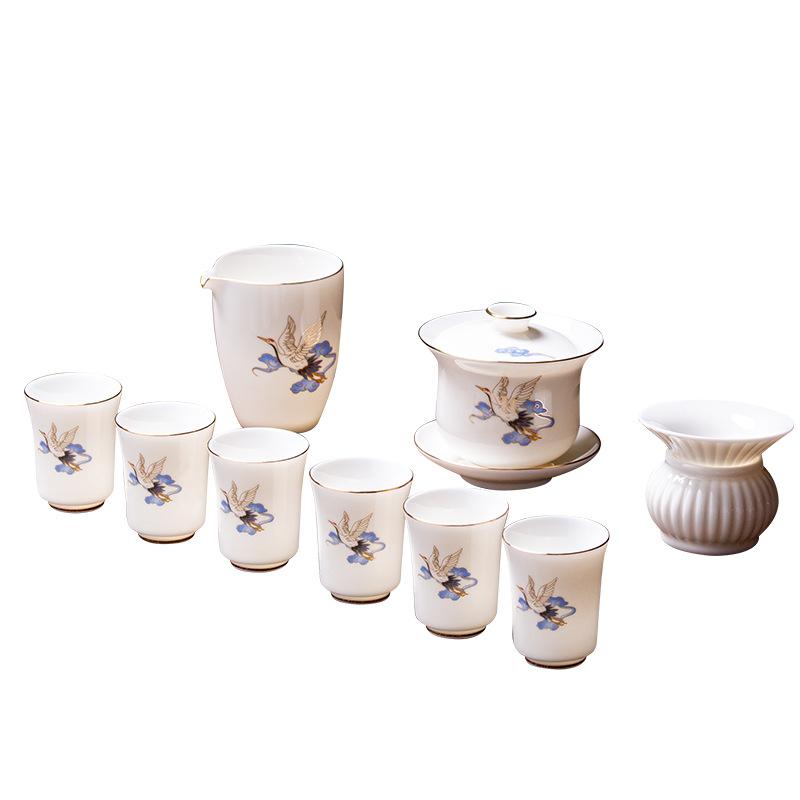 White Porcelain Tea Bowl Suet Jade Kung Fu Tea Set Ceramic Cover Bowl Teacup Annual Meeting Business Gift Set Formulation