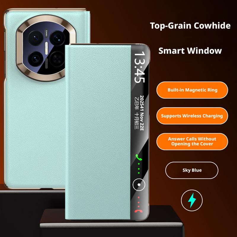 

Premium Genuine Leather Case For Huawei Mate X7 X6 X5 Magnetic Smart Touch View No Flip For Answering Ultra-thin Frame Cover Genuine Leather&Huawei Mate X5