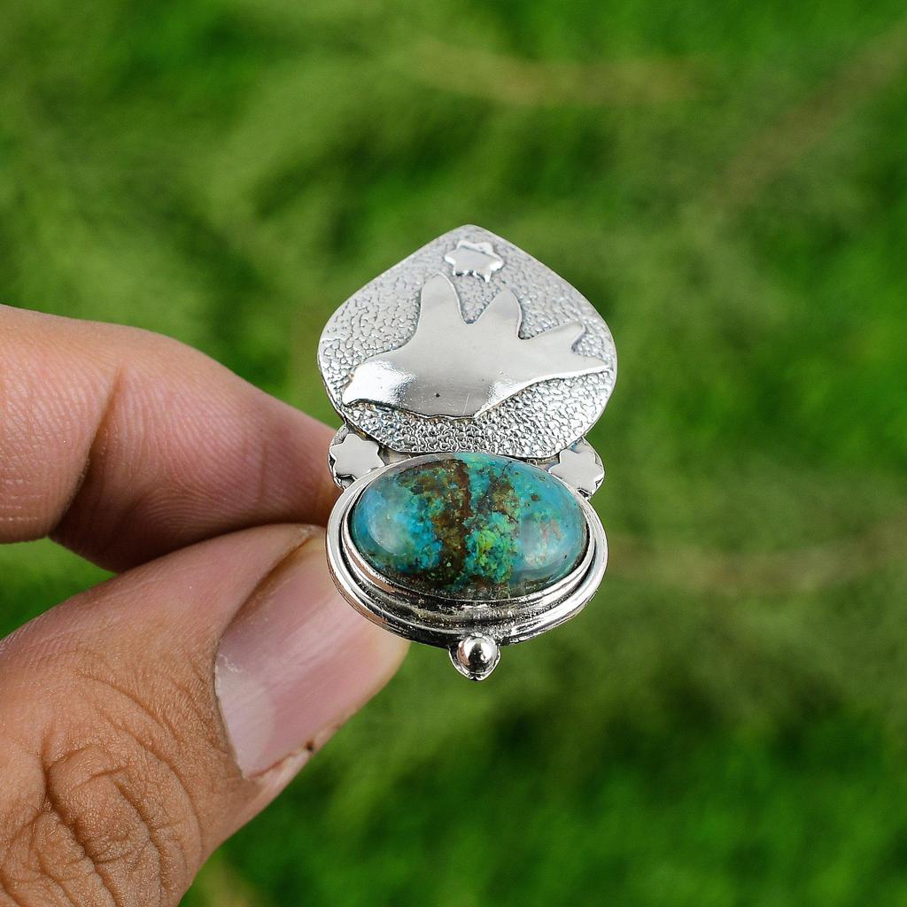 Womens day Deal Sterling Silver Oval Chrysocolla Gemstone Bezel Boho Bird Ring