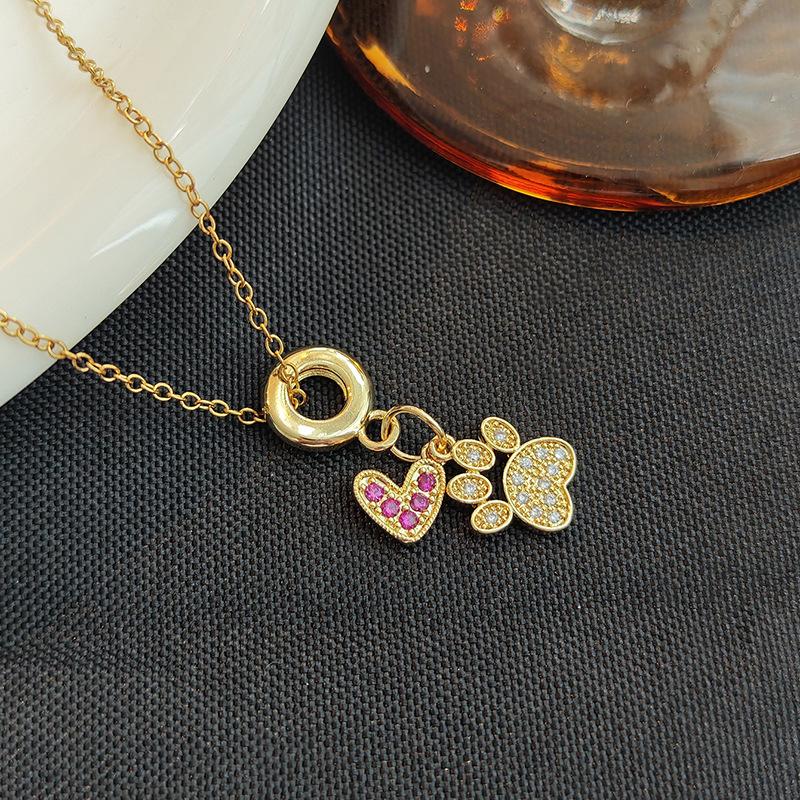 

Women Colored Zircon Love Cute Cat Paws Pendant Necklace one size