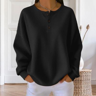 Damen Oberteile Rundhals Knöpfe Dekor Langarm Pullover Oberteile Einfarbig Waffelstrick Texturierte Bluse Alltagskleidung