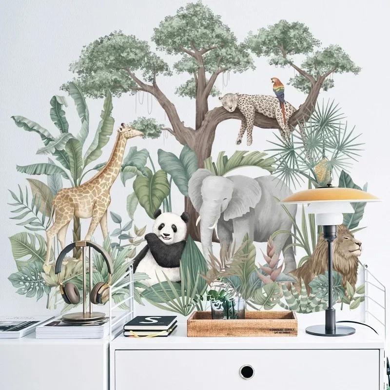 Rainforest Animal Wall Stickers Living Room Bedroom Sofa Background Wall Decoration Giraffe Elephant Home Wall Stickers