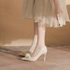 2026 Neue Hochzeitsschuhe Spitze Dünner Absatz Perlen Blume Satin Braut Brautjungfern Schuhe Stilettos