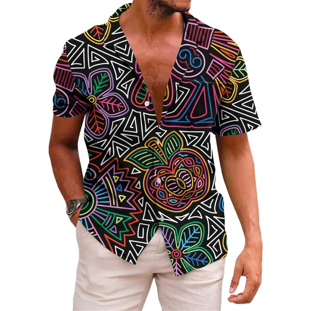 Hawaiian Mens Shirts Lapel Short-Sleeved Shirt Mexican Style Clothing Casual Loose Button-Down Shirt