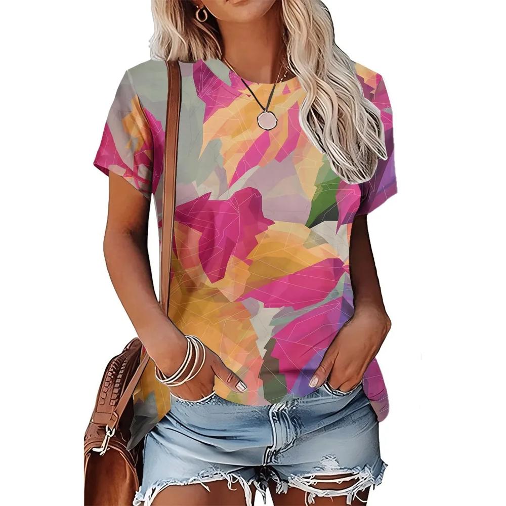 Women's V-Neck Flower Printed Top Fashion Versatile Short Sleeve Comfortable Daily T-Shirts Women’s