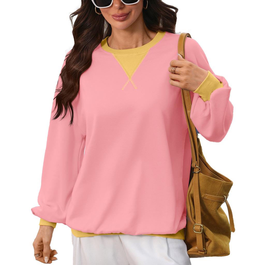 Fall/Winter New Style Round-neck Color-Contrast Loose Long-Sleeved Sweatshirt for Women