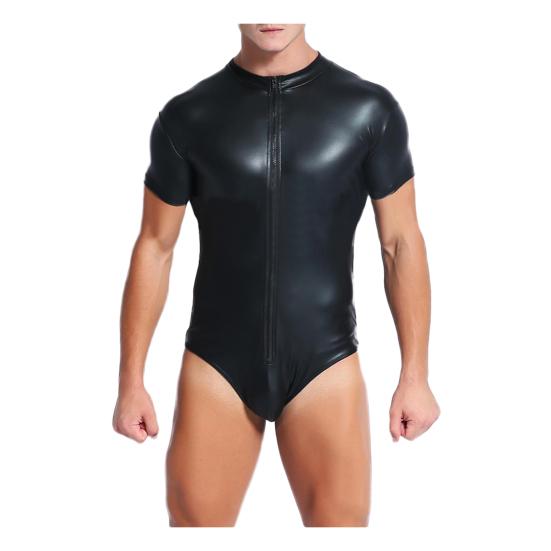 Noční klub Sexy muži kombinéza Slim Fit s krátkým rukávem z umělé kůže na zip