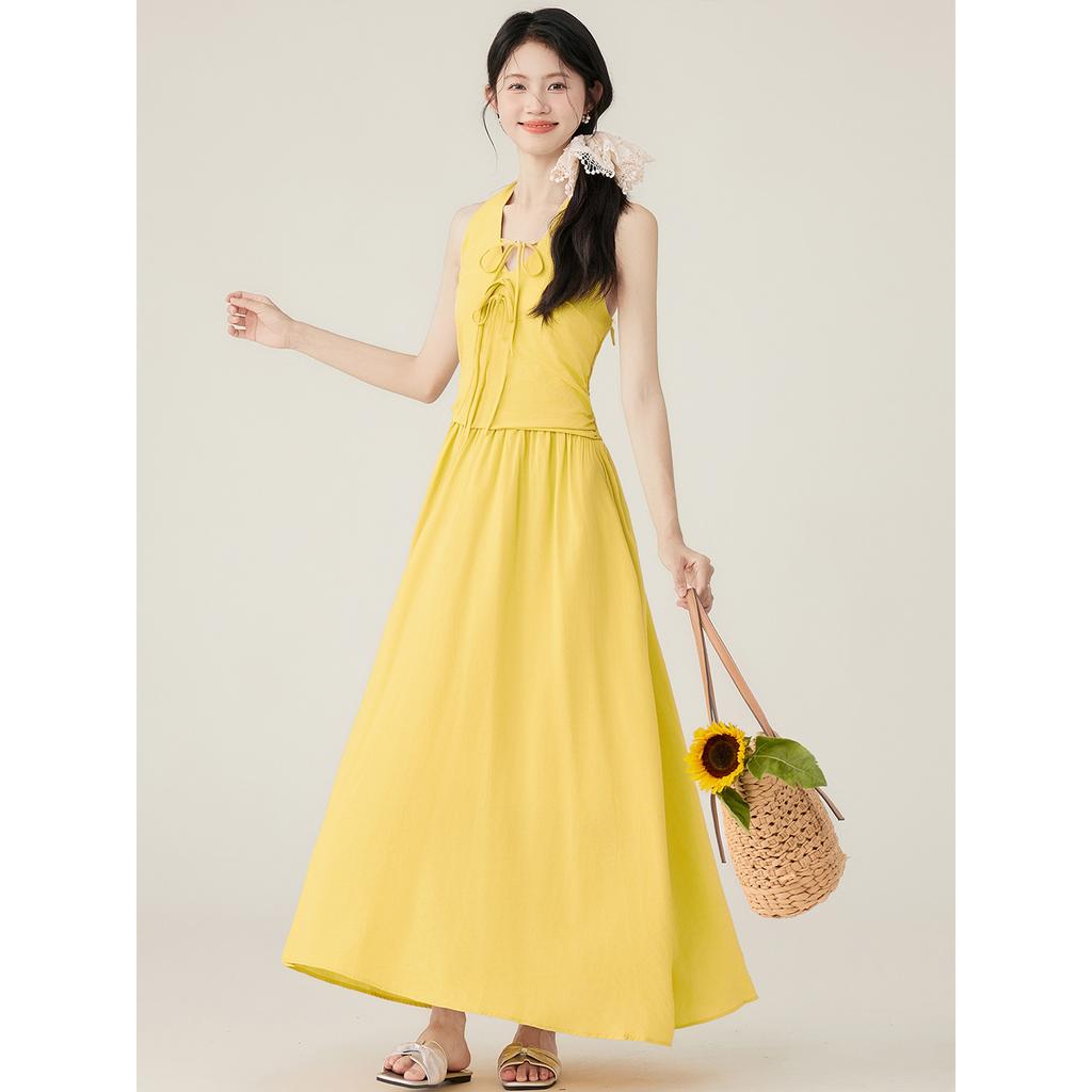 Summer vacation style bow strap waist thin sleeveless neck long dress