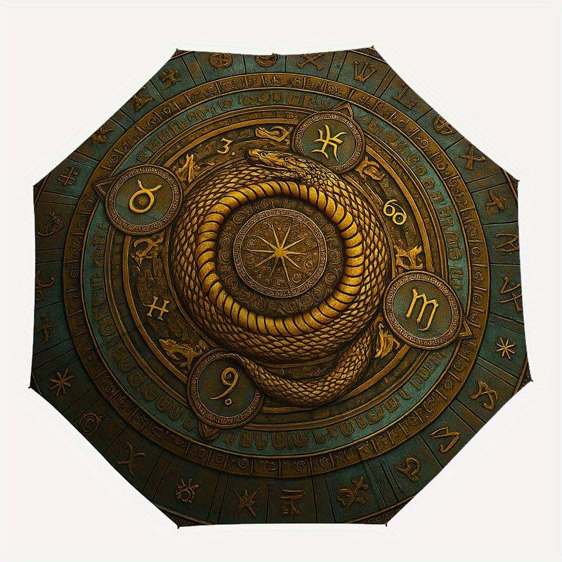 Golden Serpent Zodiac Wheel: Mystical Astrological Decor Umbrella, Portable 3-Fold Compact Umbrella for Men & Women R159