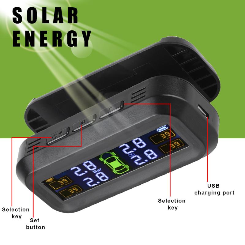 Car Tyre Pressure Monitor Tire Pressure Monitoring System Temperature Warning Fuel Save Solar TPMS With 4 External Sensors