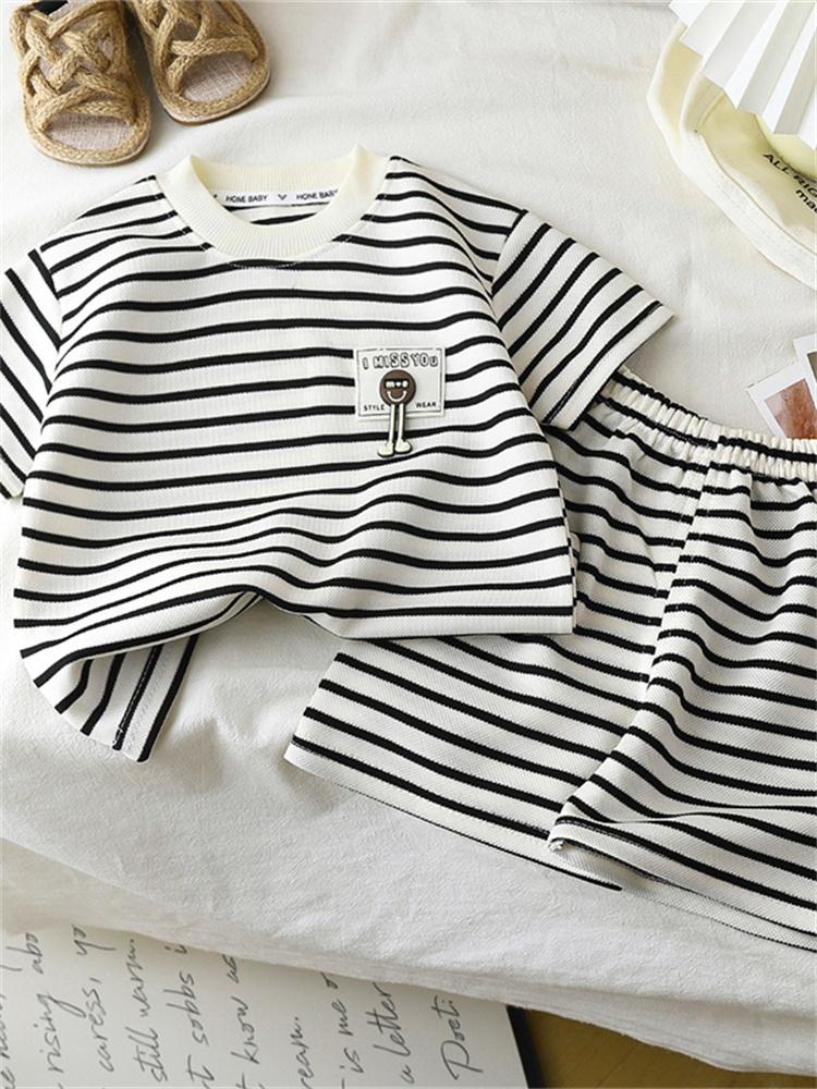 2026 Summer Children O-Neck Short Sleeve T-Shirt Suits Baby Spring Short Pants Two-pieces Set Stripe Cotton Suit for Girl Boy