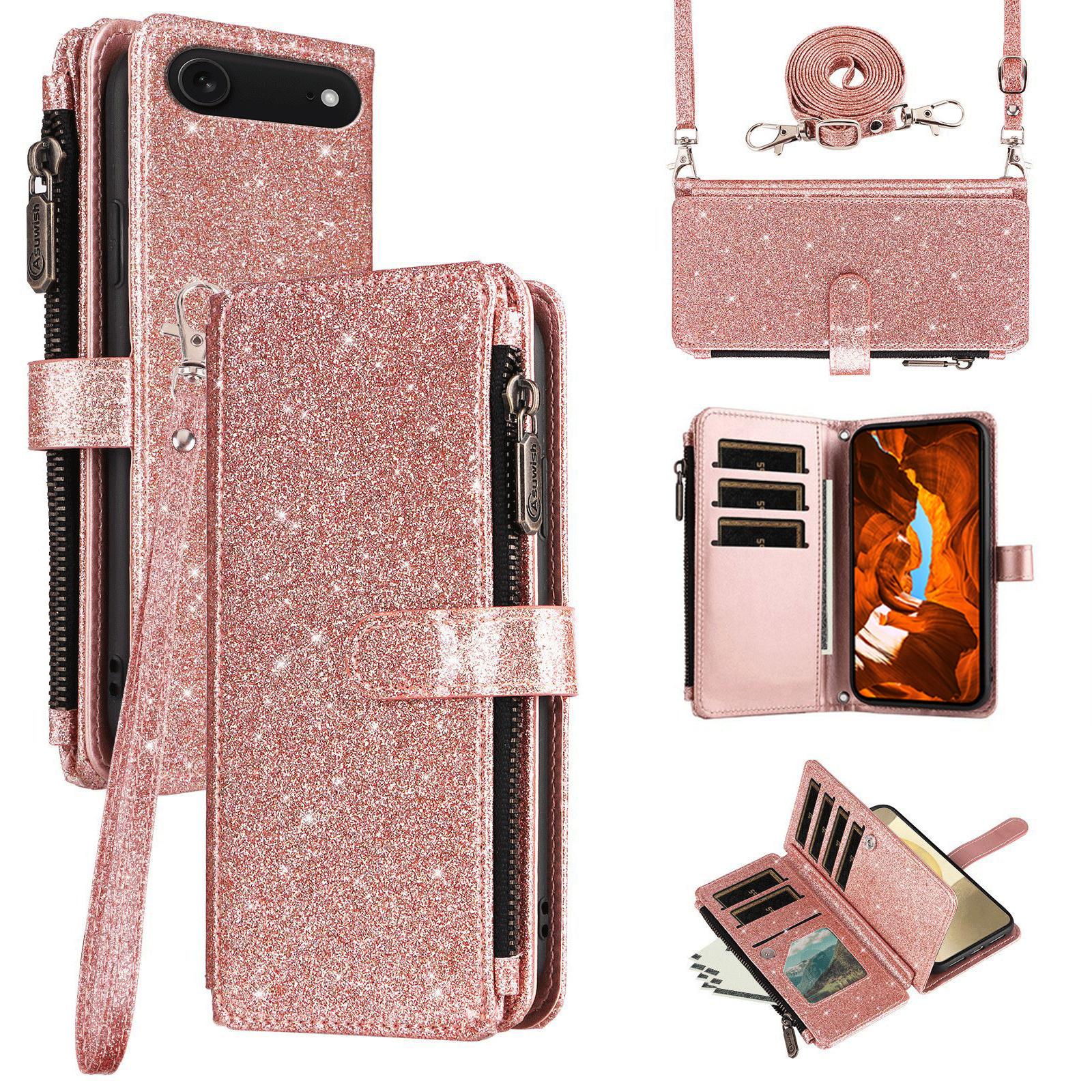 

ASUWISH For iPhone Air Case 10 Card Holder Glitter Leather Phone Cover with Crossbody Strap