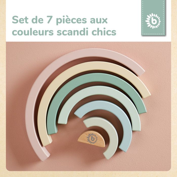 Jouet de motricité bébé - bieco - arc-en-ciel - bois pastel - 7 arcs empilables - à partir de 12 mois
