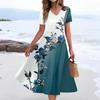 Women's Summer Casual Fashion Print Pocket Short Sleeve V-Neck Swing Dress