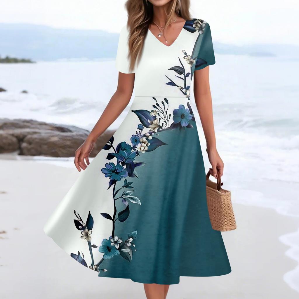 Women's Summer Casual Fashion Print Pocket Short Sleeve V-Neck Swing Dress