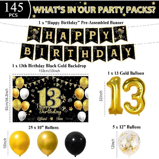 145 Pcs 13th Birthday Party Supplies Set for 24 Guests Official Teenager 13th Party Decorations Kit Plates Backdrop Tablecloth Balloons Banner for