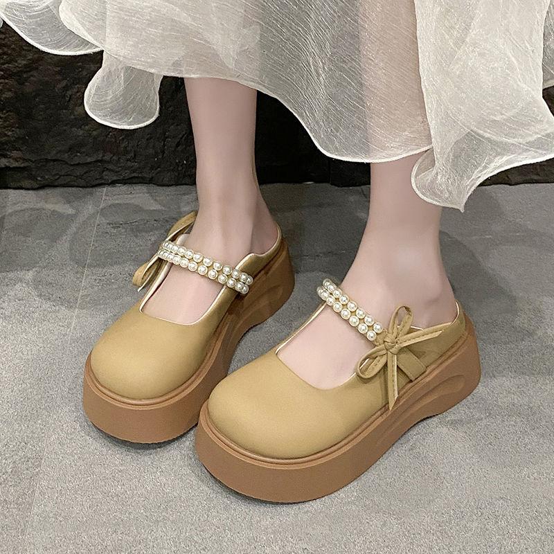 Pearl Round Toe Shoes Platform Women's Slippers and Ladies Sandals Medium Heel Slides Summer Footwear On Promotion Casual Shoe