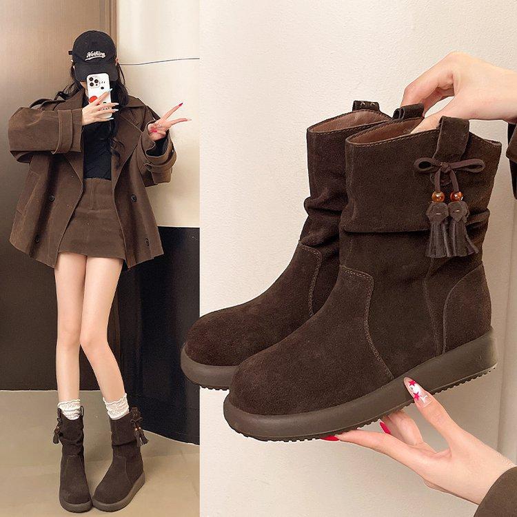 Cowhide Version Platform Short Boots Autumn Western Boots 2025 New Casual Stacking Boots Medium Tube Camel Fashion Boots