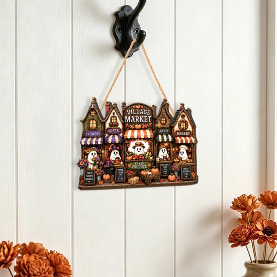 Halloween Hanging Wooden Sign House Pendant with Hemp Rope for Wall Door Autumn Seasonal Art Decoration, Haunted Castle Ornaments Pumpkin Ghost